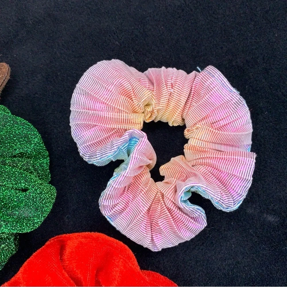 Vintage Set Of 3 Hair Ties Scrunchy Holiday Red Green Iridescent 90s Retro